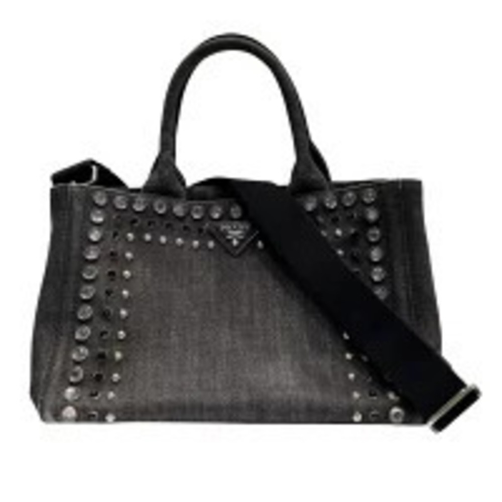 Prada Canapa Tote Bag Denim Jeweled Handbag Shoulder Black